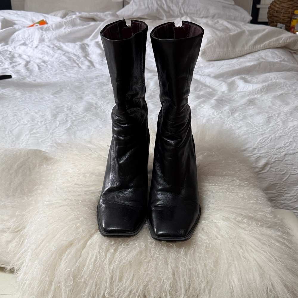 SARTO By Franco Sarto Black Square-Toe Mid-Calf Leather Boots